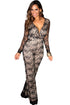 Sexy Black Lace on Beige V-neck Wide Leg Jumpsuit